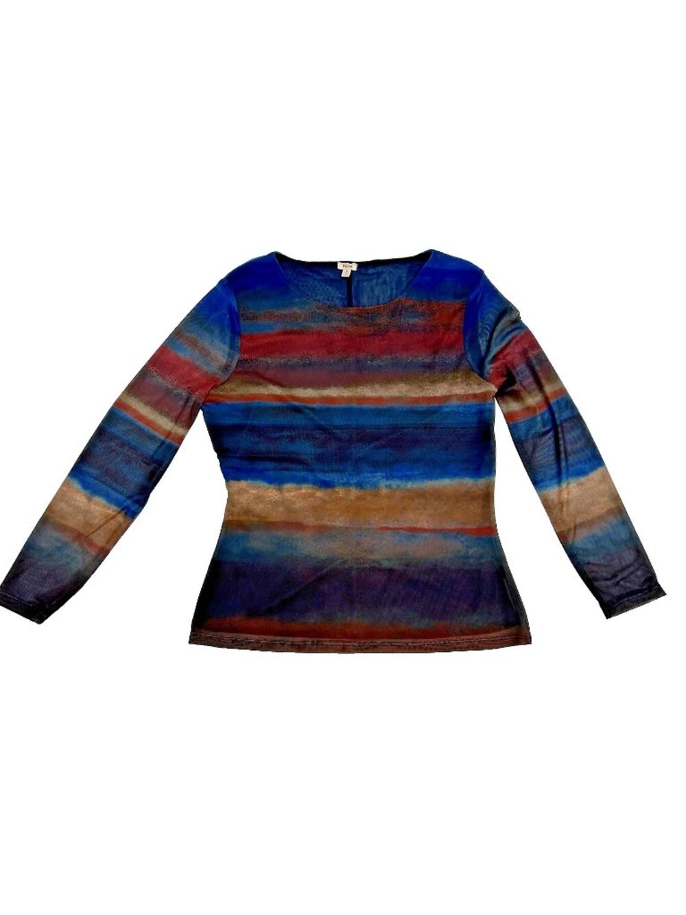 Reba Striped Watercolor Brown Blue Mesh Top Womens Size Medium Blouse